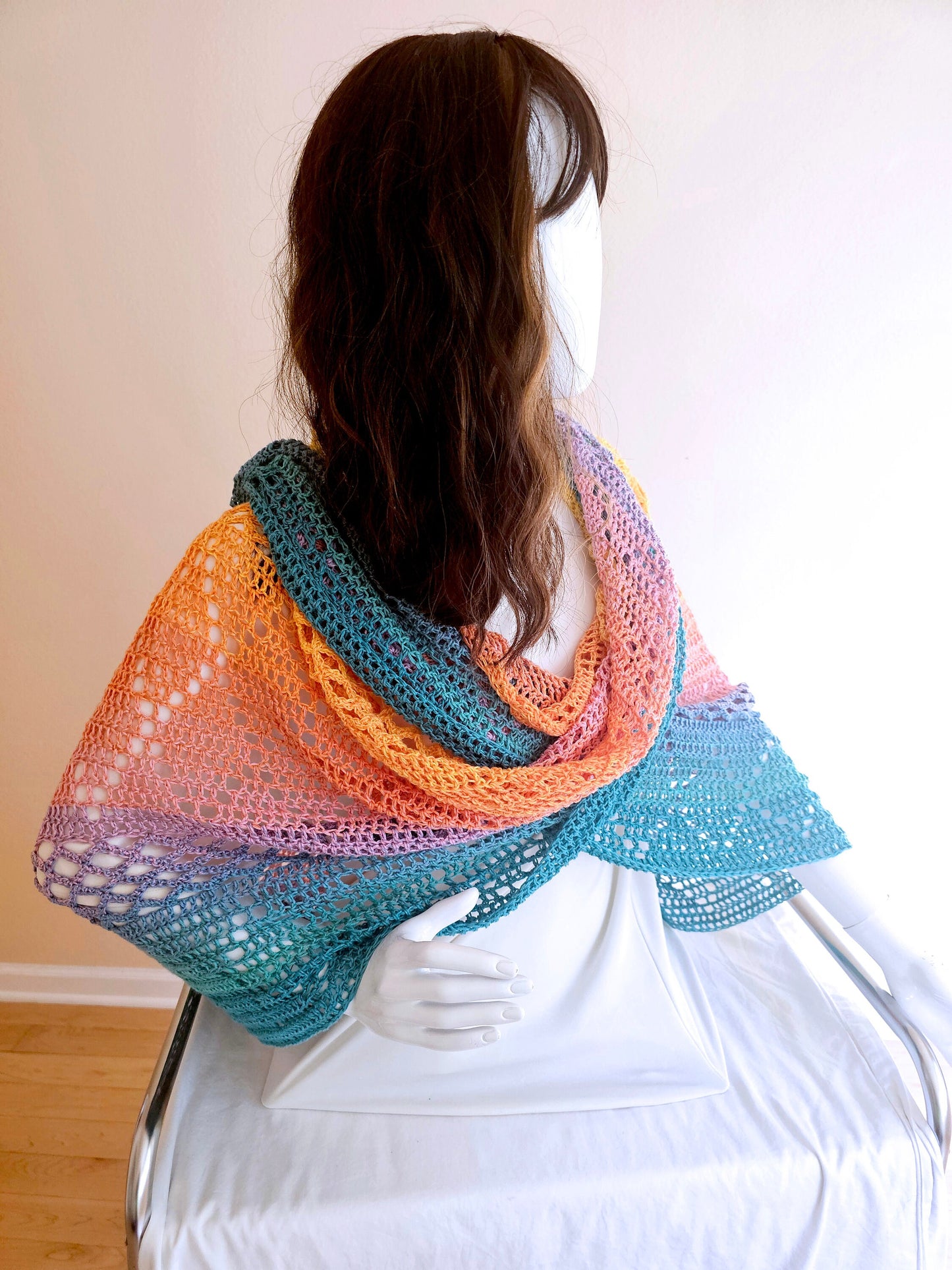 Oversize Crochet Shawl. Tropical Colors Wrap. Lacy Beach Coverup. Gift for Her. Cotton Blend Shawl. Handcrafted Summer Wrap. Triangle Shawl.