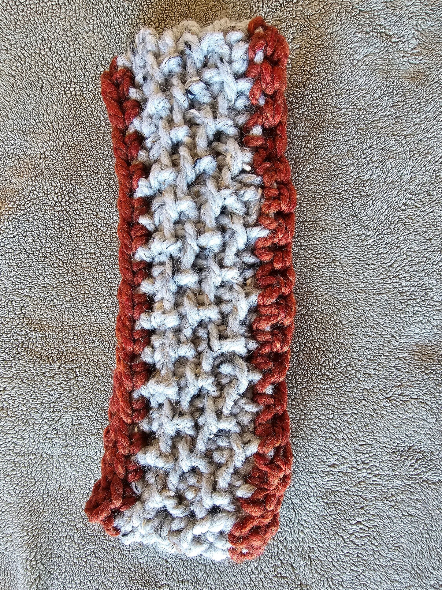 Wool Blend Ear Warmer. Crochet Headband. Handmade Headwear. Deep Red and Gray. Adult size headband. Unisex Gifts. Hand Knit Ear Warmer.