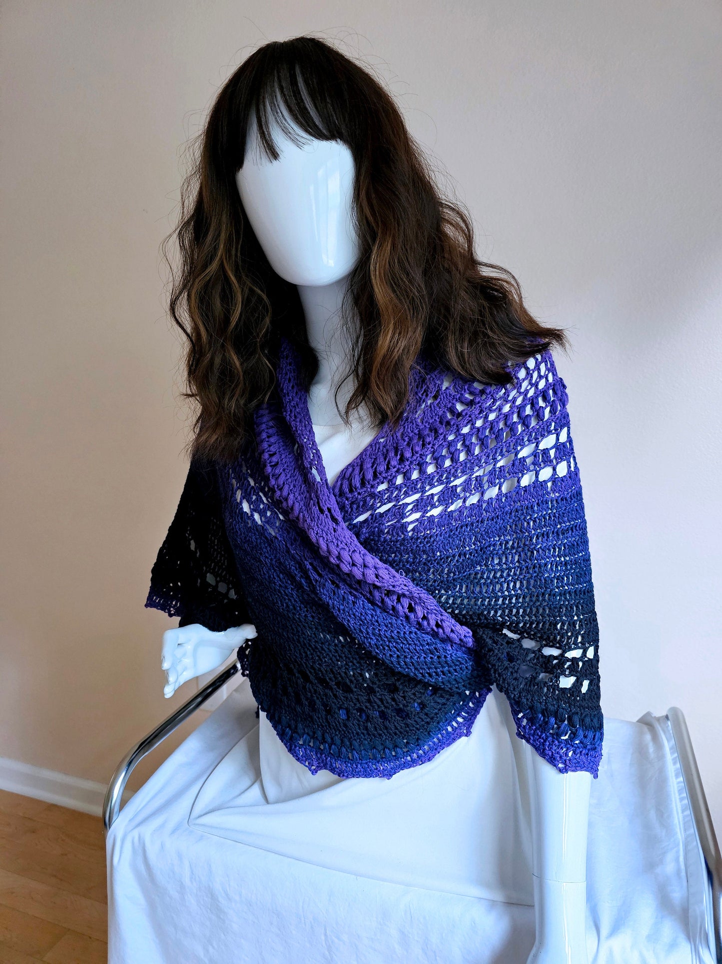 Triangular Shawl. Crochet Cotton Wrap. Large shawl. Winter scarf cotton. Whimsigoth wrap. Three season shawl. Gift for Her. Purple Black.