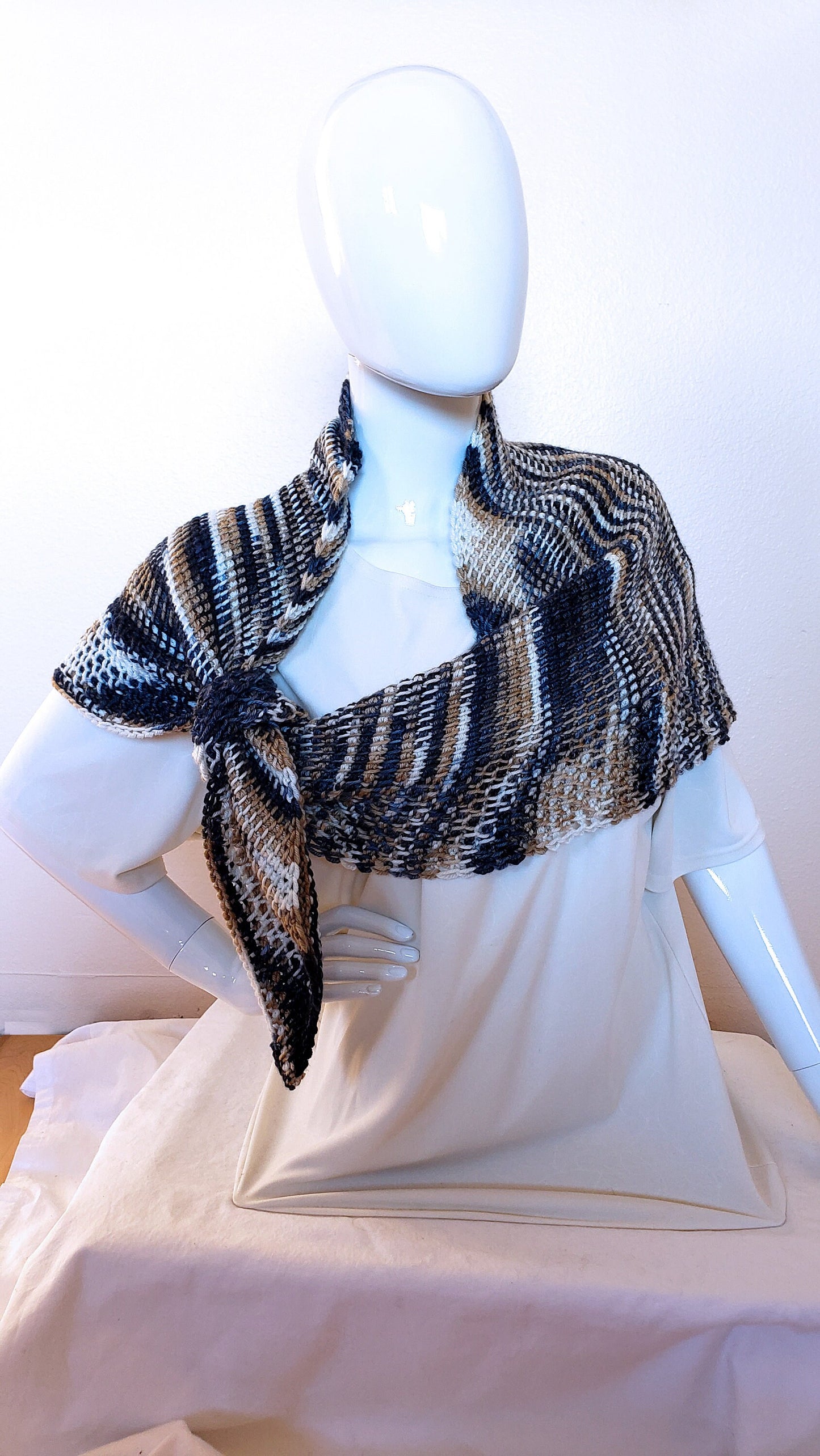 Wool Silk Shawl. Black Gold and Cream. Kerchief wrap. Textured shawl. Silk winter scarf. Gifts for her. Shawl scarf. Tunisian Crochet.