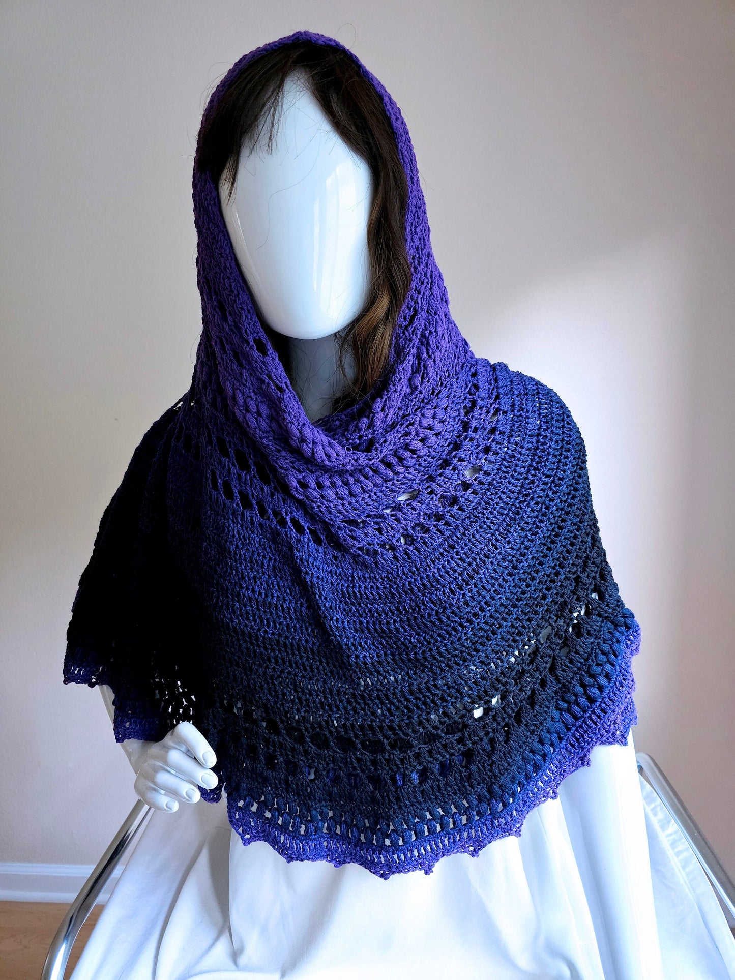 Triangular Shawl. Crochet Cotton Wrap. Large shawl. Winter scarf cotton. Whimsigoth wrap. Three season shawl. Gift for Her. Purple Black.