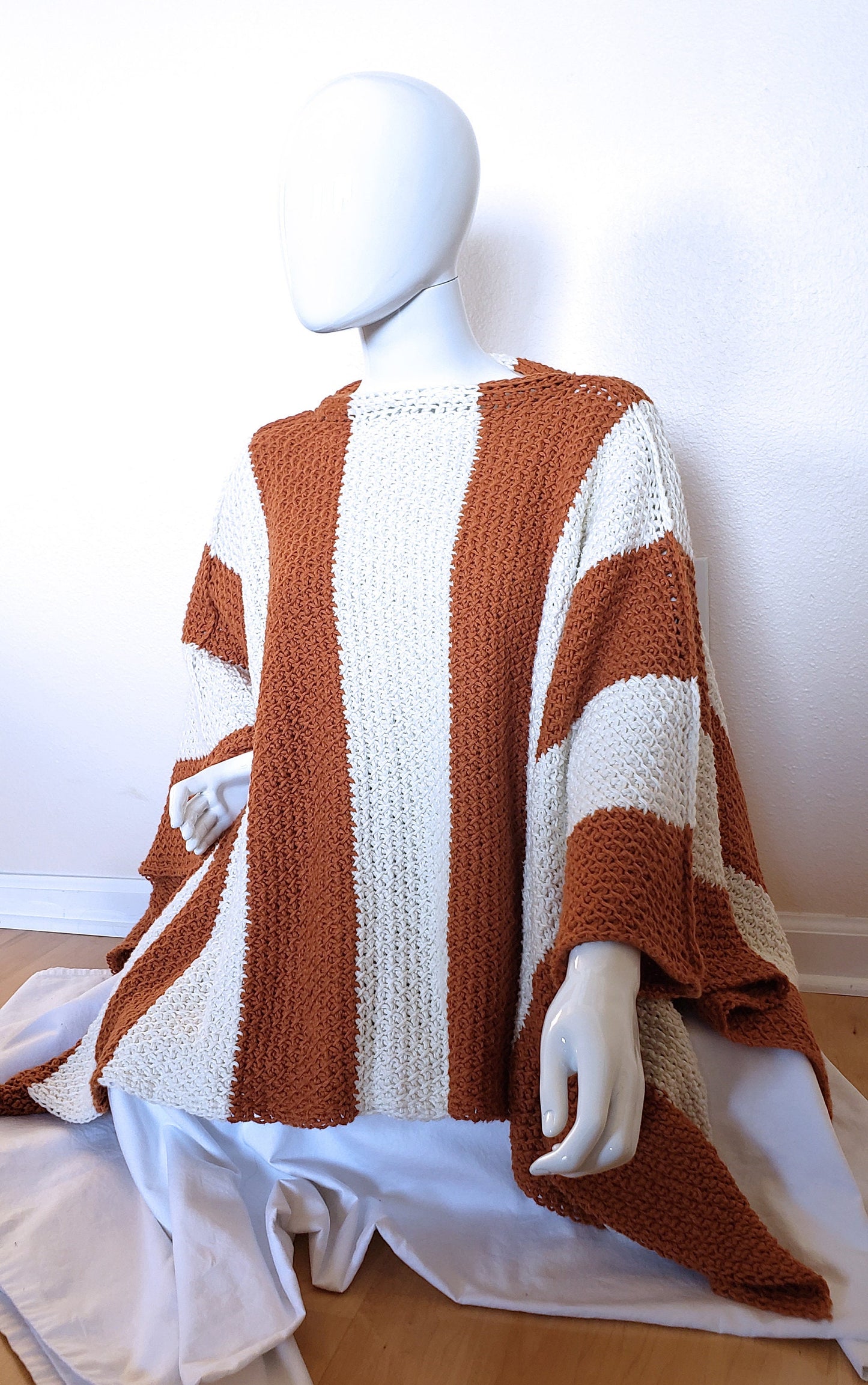 Vertically Striped Pumpkin and Cream poncho. Textured crochet wrap. Unisex 3-season coverup. Adult size poncho. Handmade Boho Wrap.