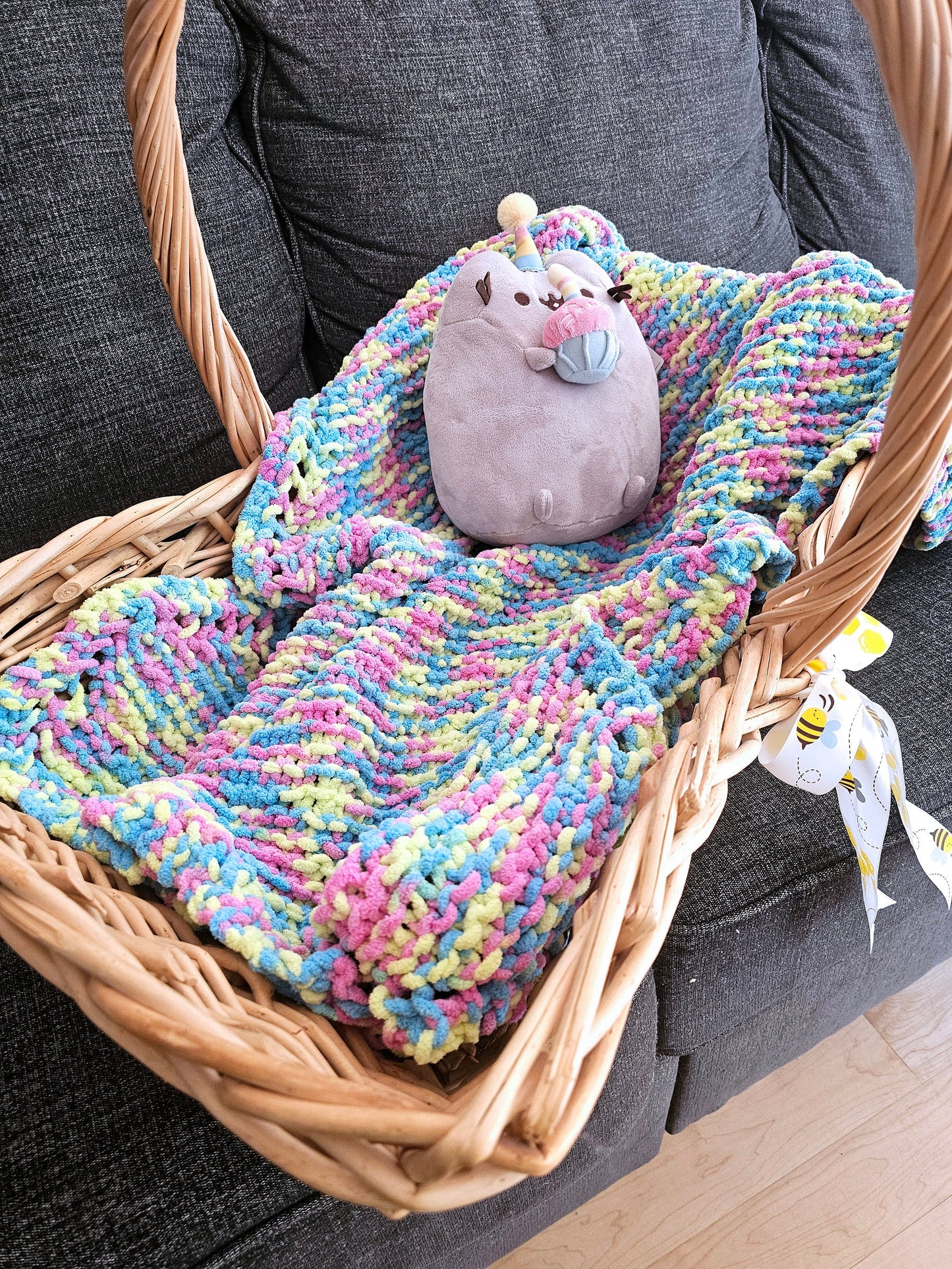 Colorful Knitted Baby Blanket. Cozy Lapghan. Super Soft Throw. Cuddly Chenille Blanket. Gender-Neutral Baby Shower Gift. Yellow, Pink, Blue.