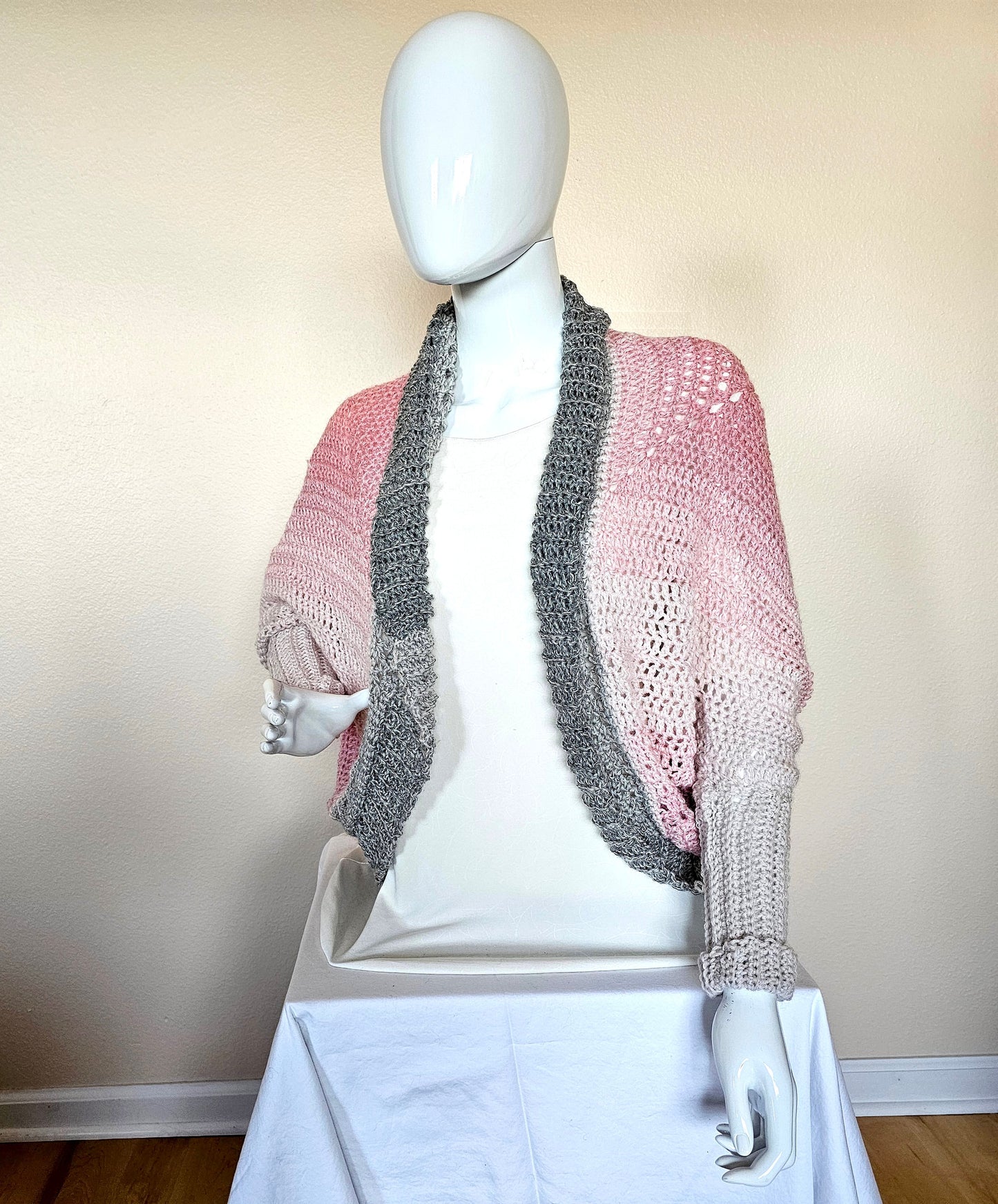 Mandala Cardigan. Crochet Shrug. Cocoon Cardigan. Pink and Gray Sweater. Alpaca Cocoon. Sleeved Shrug. Super Soft Cardigan. Gift for her.