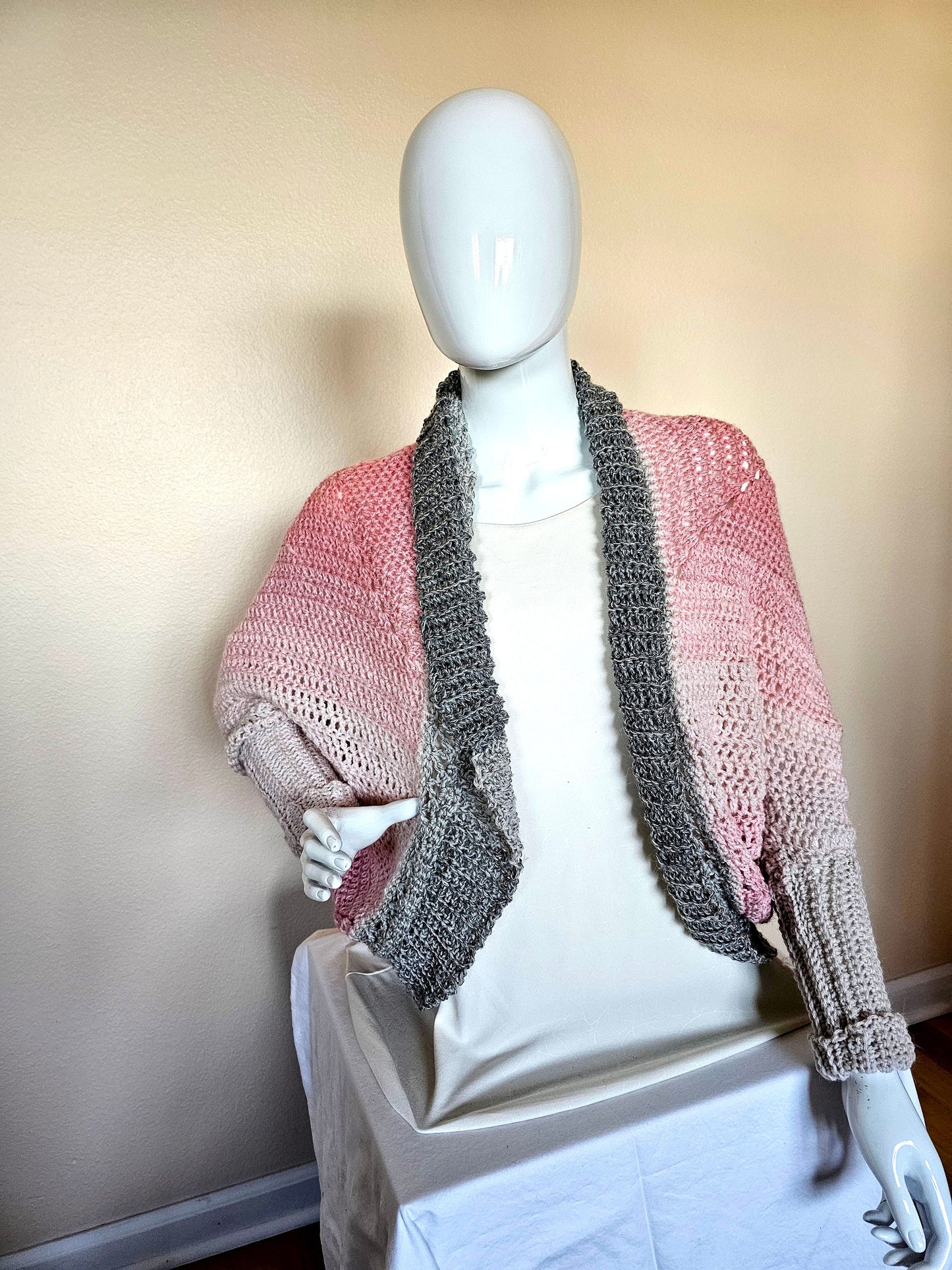 Mandala Cardigan. Crochet Shrug. Cocoon Cardigan. Pink and Gray Sweater. Alpaca Cocoon. Sleeved Shrug. Super Soft Cardigan. Gift for her.