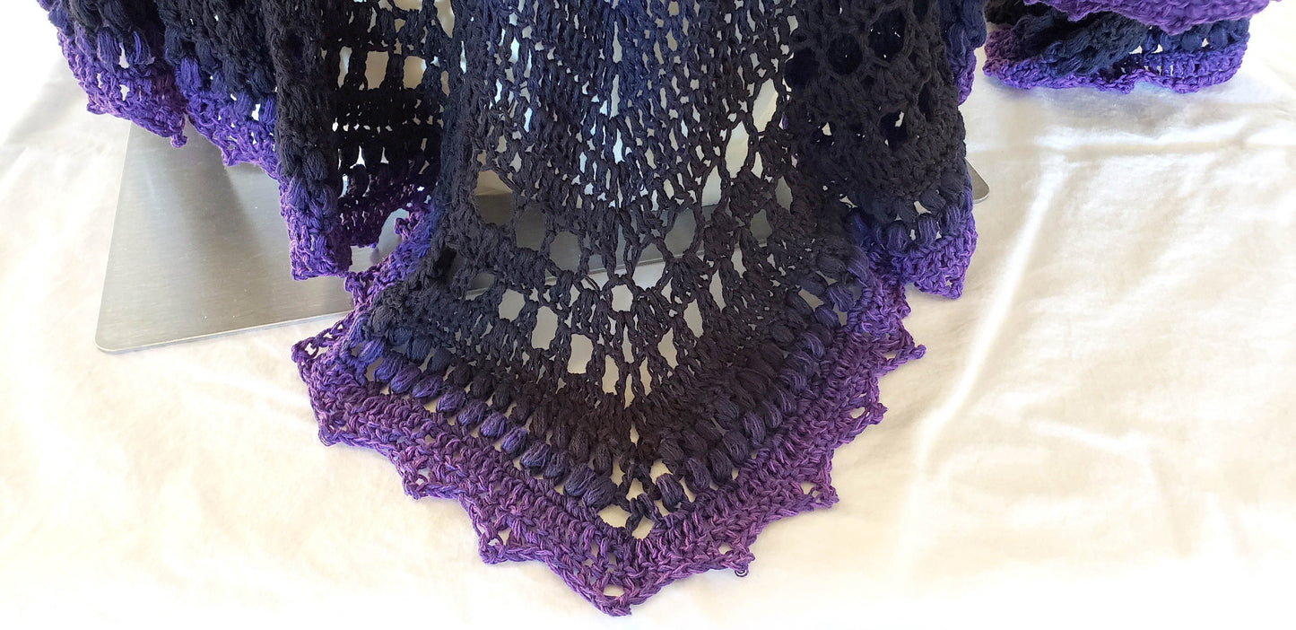 Triangular Shawl. Crochet Cotton Wrap. Large shawl. Winter scarf cotton. Whimsigoth wrap. Three season shawl. Gift for Her. Purple Black.