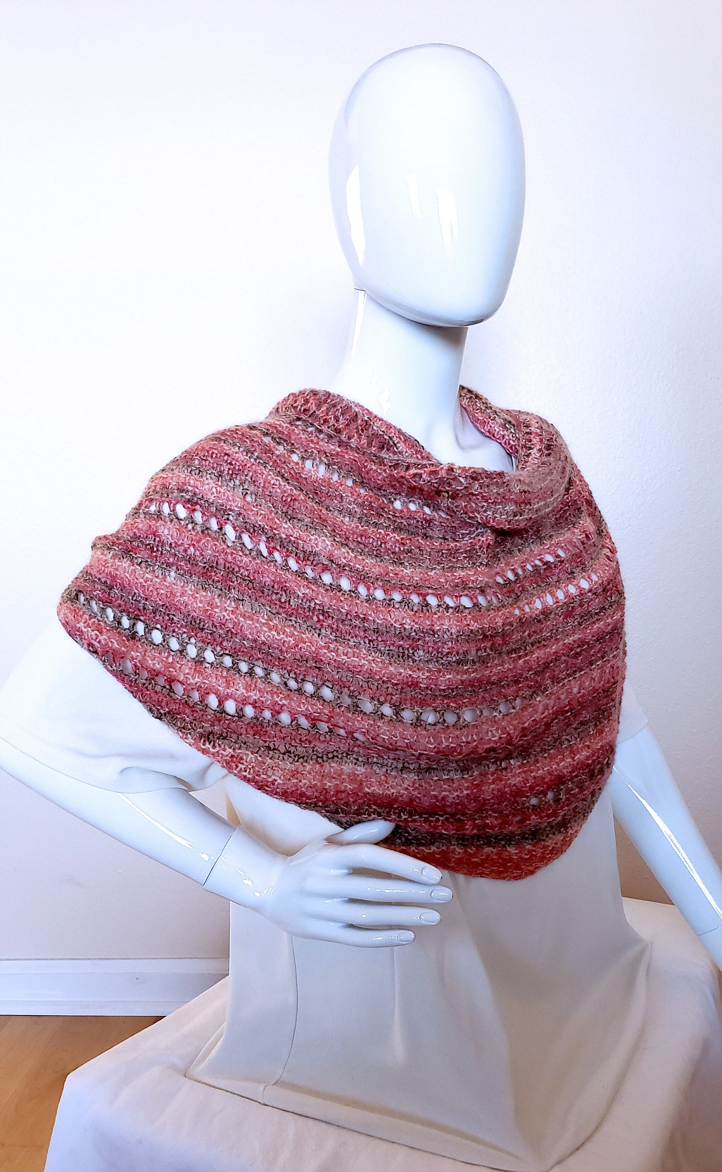 Lacy Semi-circular Shawl. Hand knit shawlette. Pink, brown, coral shawl. Angora blend scarf. Light and Lacy Striped Wrap. Women's Gift.