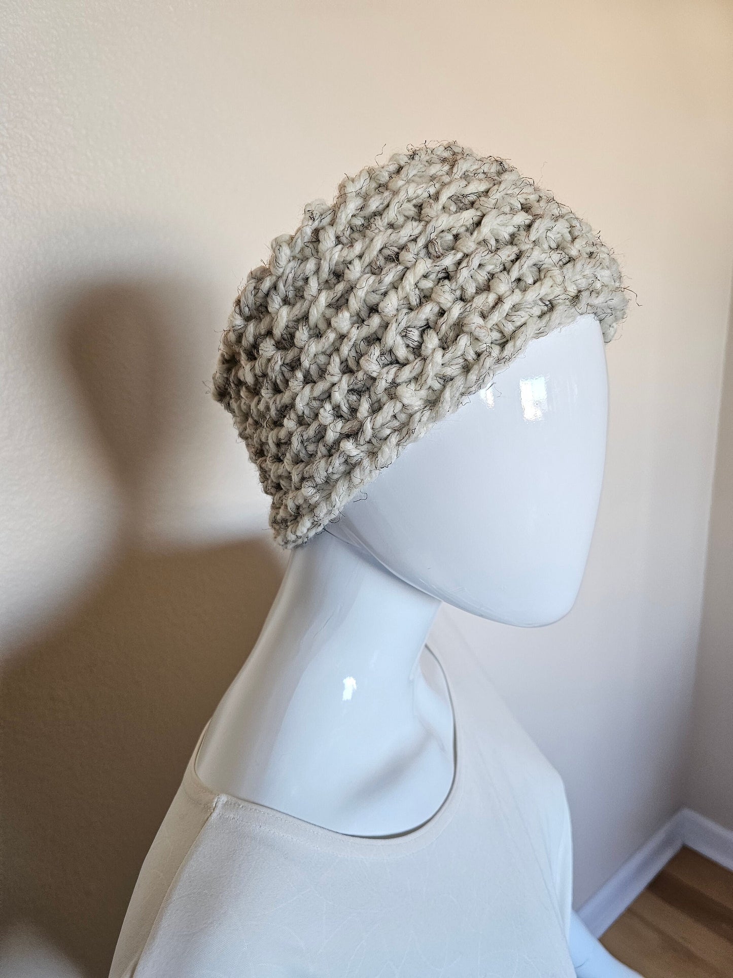 Wool Blend Ear Warmer. Crochet Headband. Handmade Headwear. Wheat Tweed Ear Warmer. Adult size headband. Unisex Gifts. Hand Knit Ear Warmer.