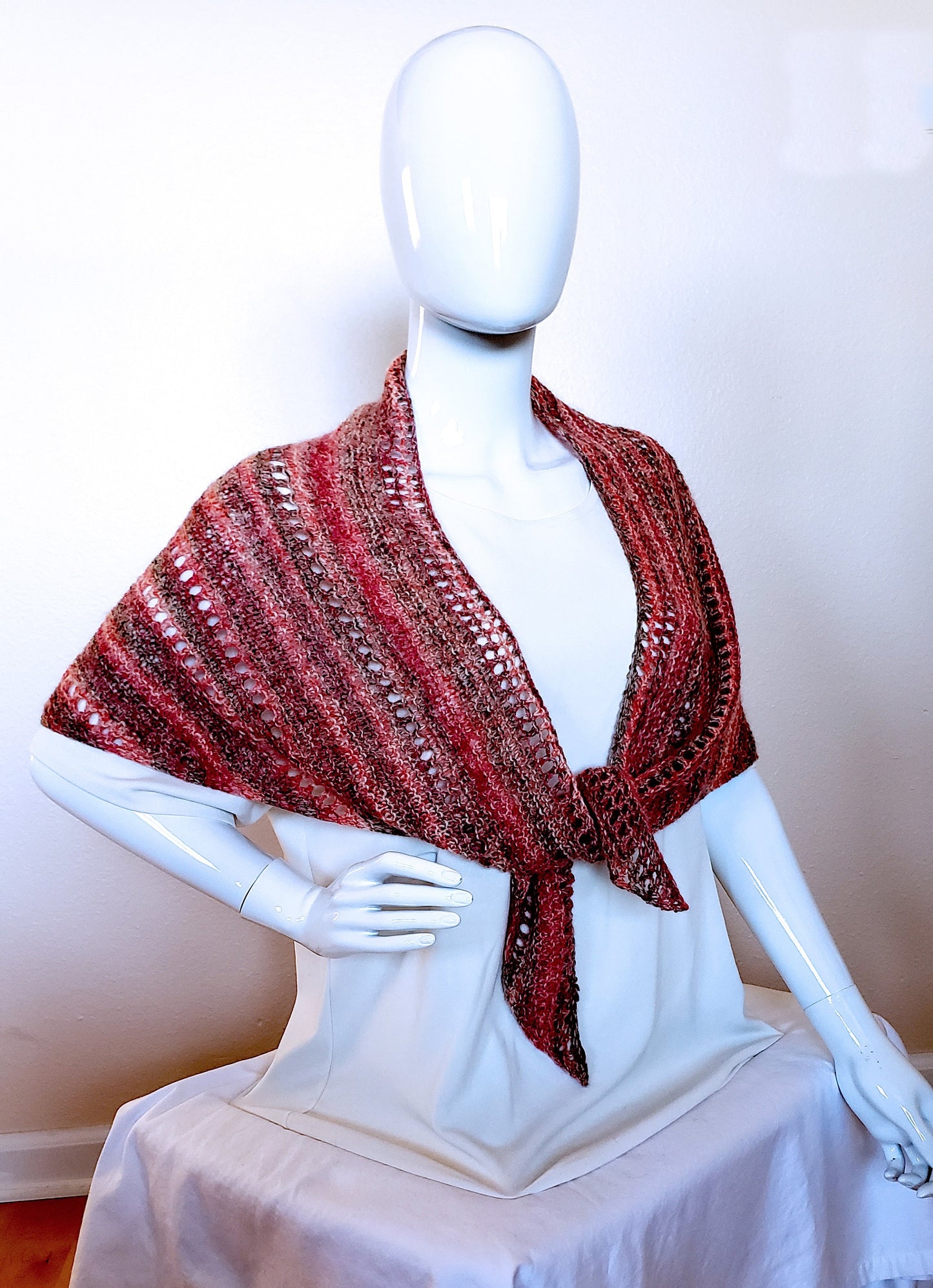 Lacy Semi-circular Shawl. Hand knit shawlette. Pink, brown, coral shawl. Angora blend scarf. Light and Lacy Striped Wrap. Women's Gift.