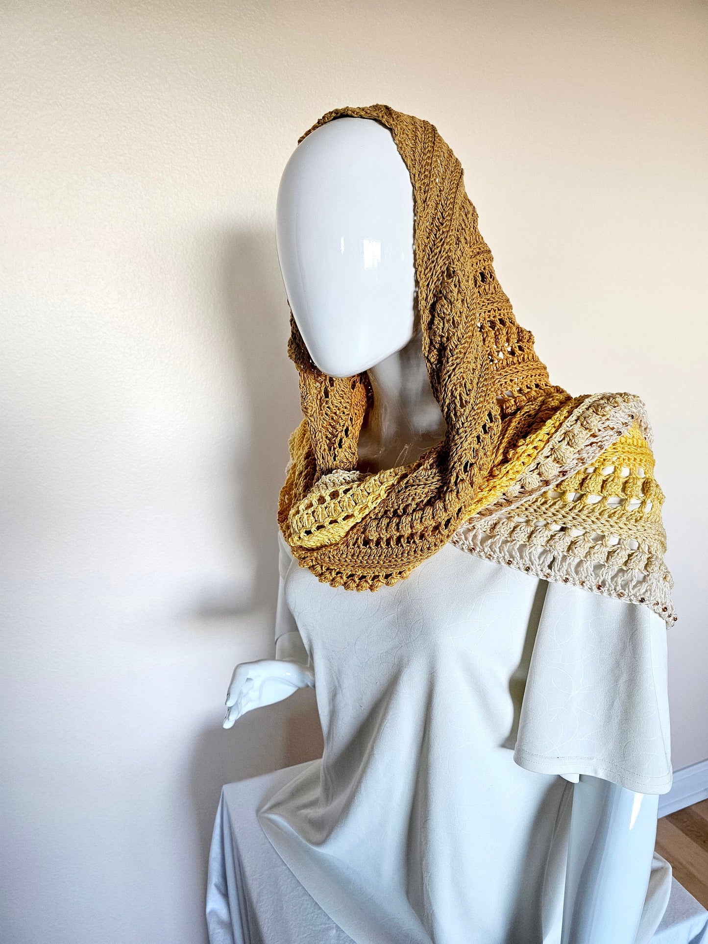 Hand Crochet Wrap. Wedding shawl. Bridesmaid wrap. Prom accessory. Beaded shawl. Princess wrap. Bridal stole. Gift for her. Gold and Cream.