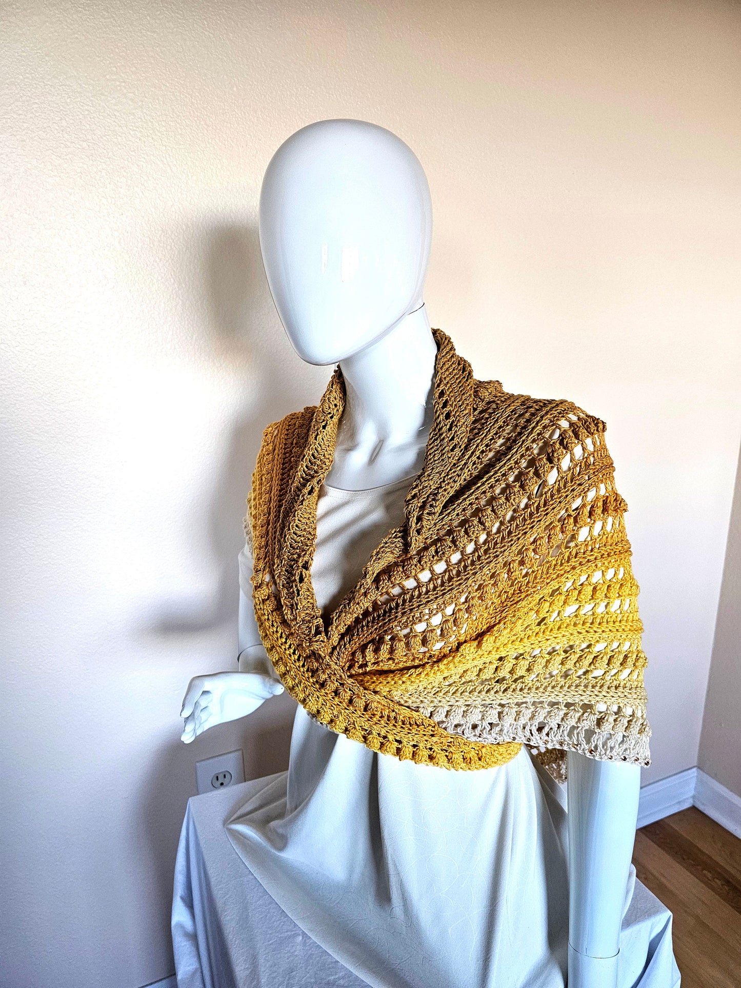 Hand Crochet Wrap. Wedding shawl. Bridesmaid wrap. Prom accessory. Beaded shawl. Princess wrap. Bridal stole. Gift for her. Gold and Cream.