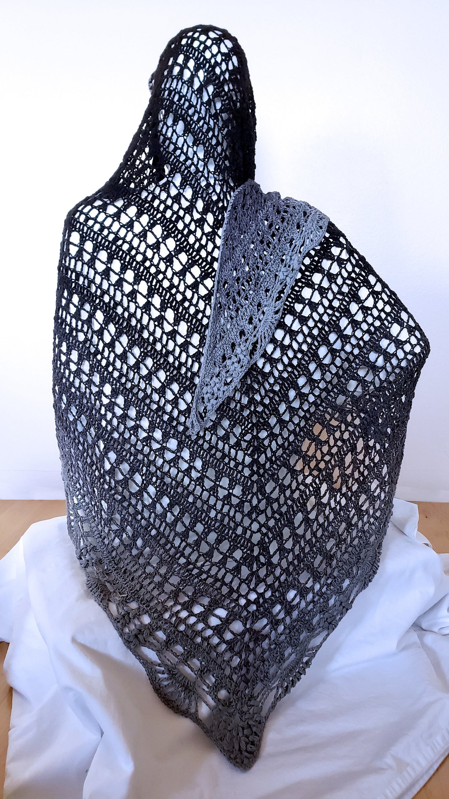 Crochet wrap. Black gray gradient. Triangular shawl. Monochrome shawl. Boho bridal shawl. Spring summer shawl. 108 x 46 inches. Women's wrap