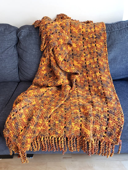 Cozy Sofa Throw. Twisted Fringe Throw. Chenille Blanket. Gold Rust Brown. Snuggly Warm Throw. Crochet Blanket. Housewarming Gift.