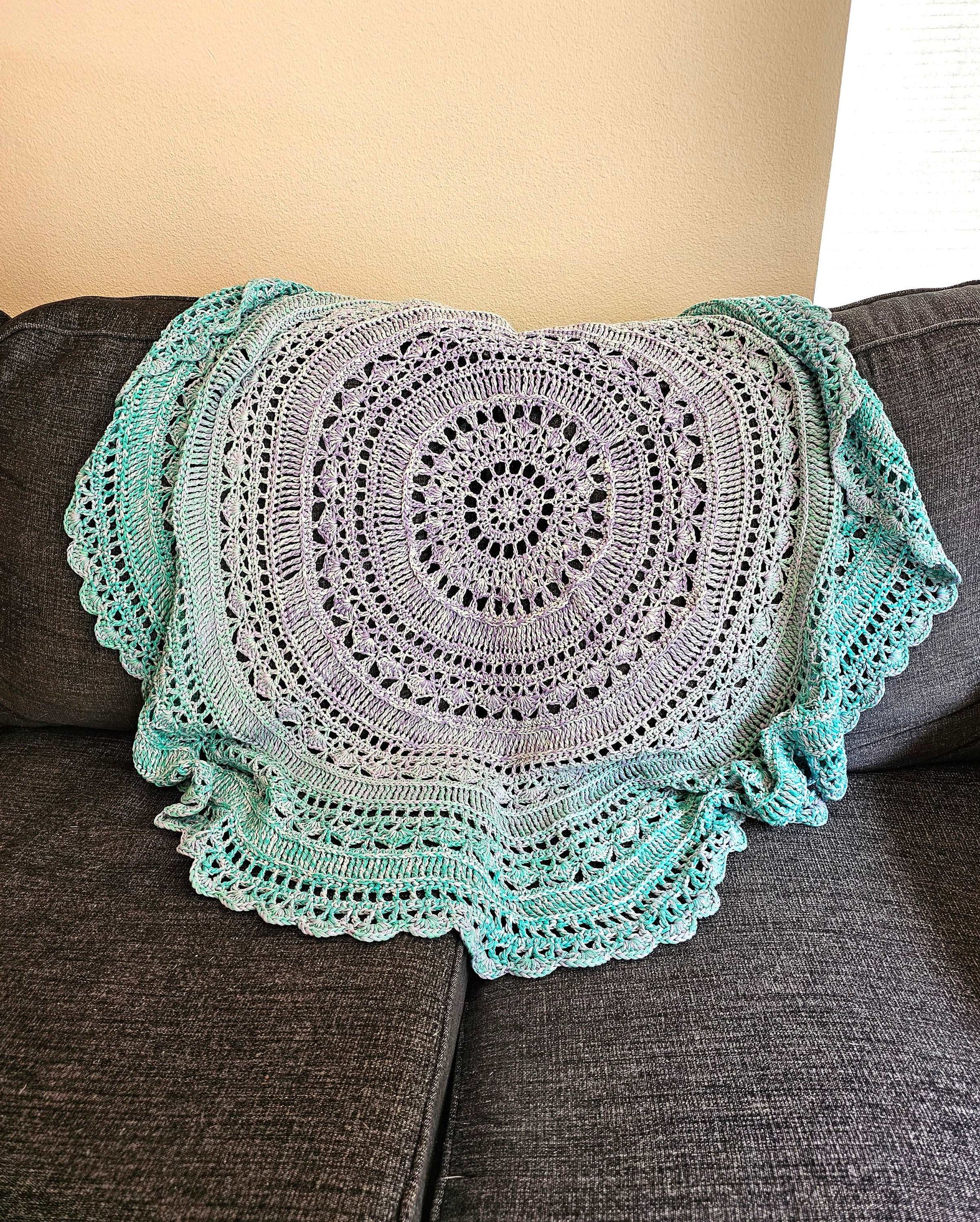 Wagon Wheel Rug. Cotton Afghan. Pastel decor. Crochet tablecloth. Versatile crochet decor. Round blanket. Circular rug. Pastel Pi Shawl.