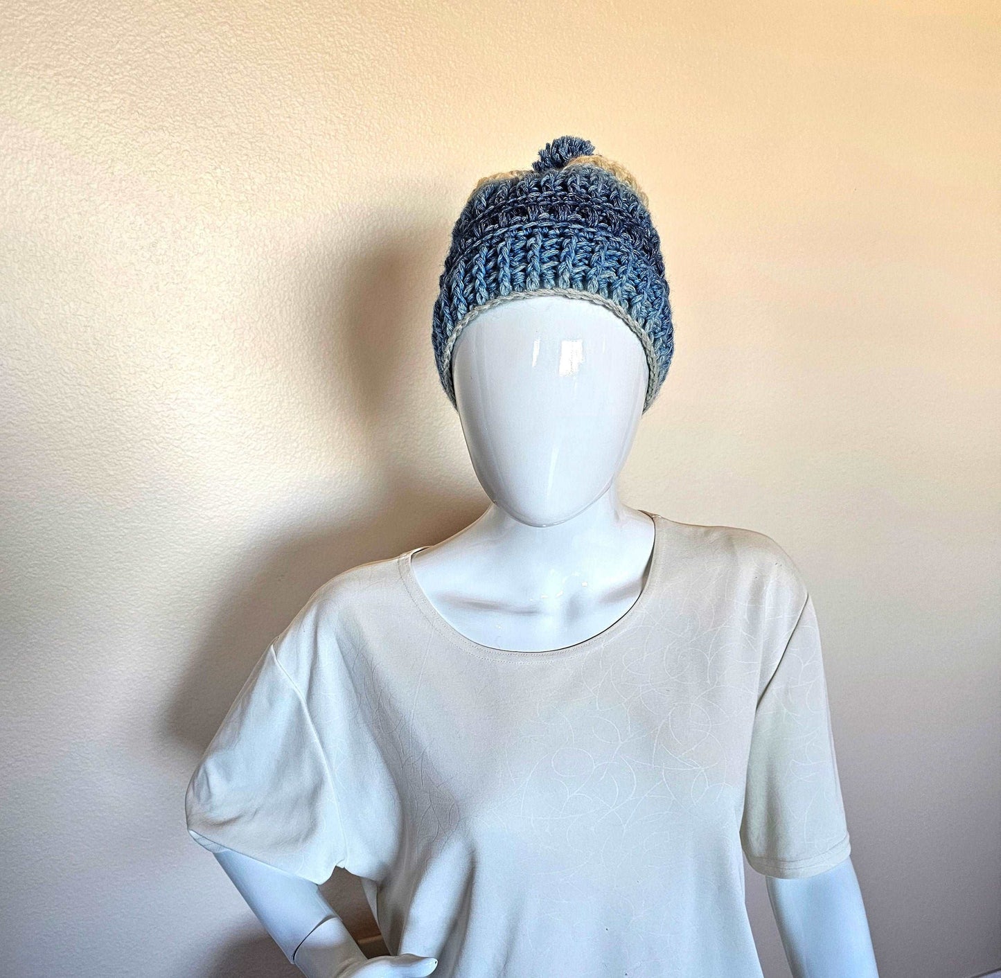 Frosty Winter Beanie. Crochet Winter Hat. Soft Textured Beanie. Unisex Beanie. Blue and White Hat. Pompom Beanie. Wool Blend Stocking Cap.