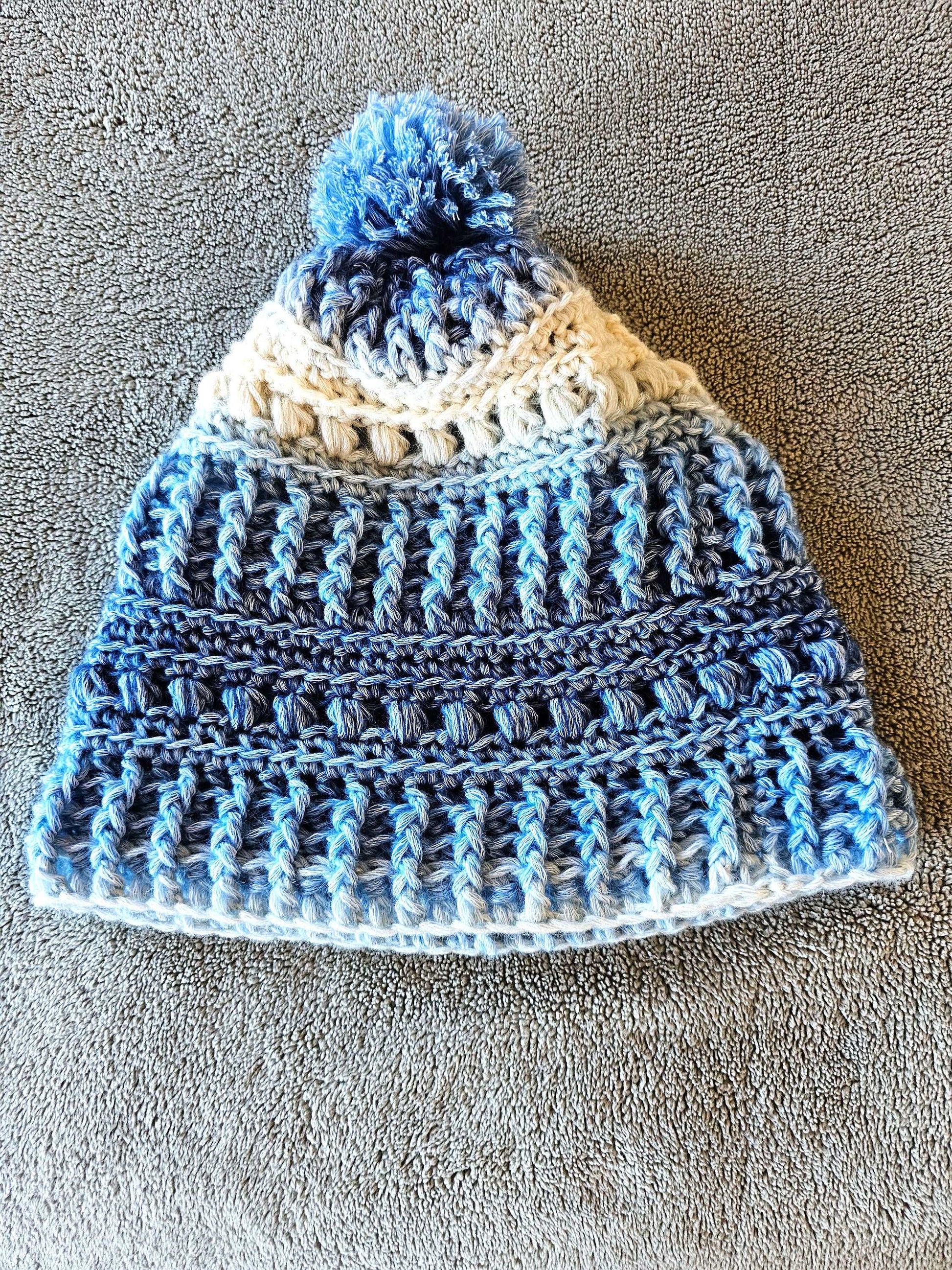 Frosty Winter Beanie. Crochet Winter Hat. Soft Textured Beanie. Unisex Beanie. Blue and White Hat. Pompom Beanie. Wool Blend Stocking Cap.