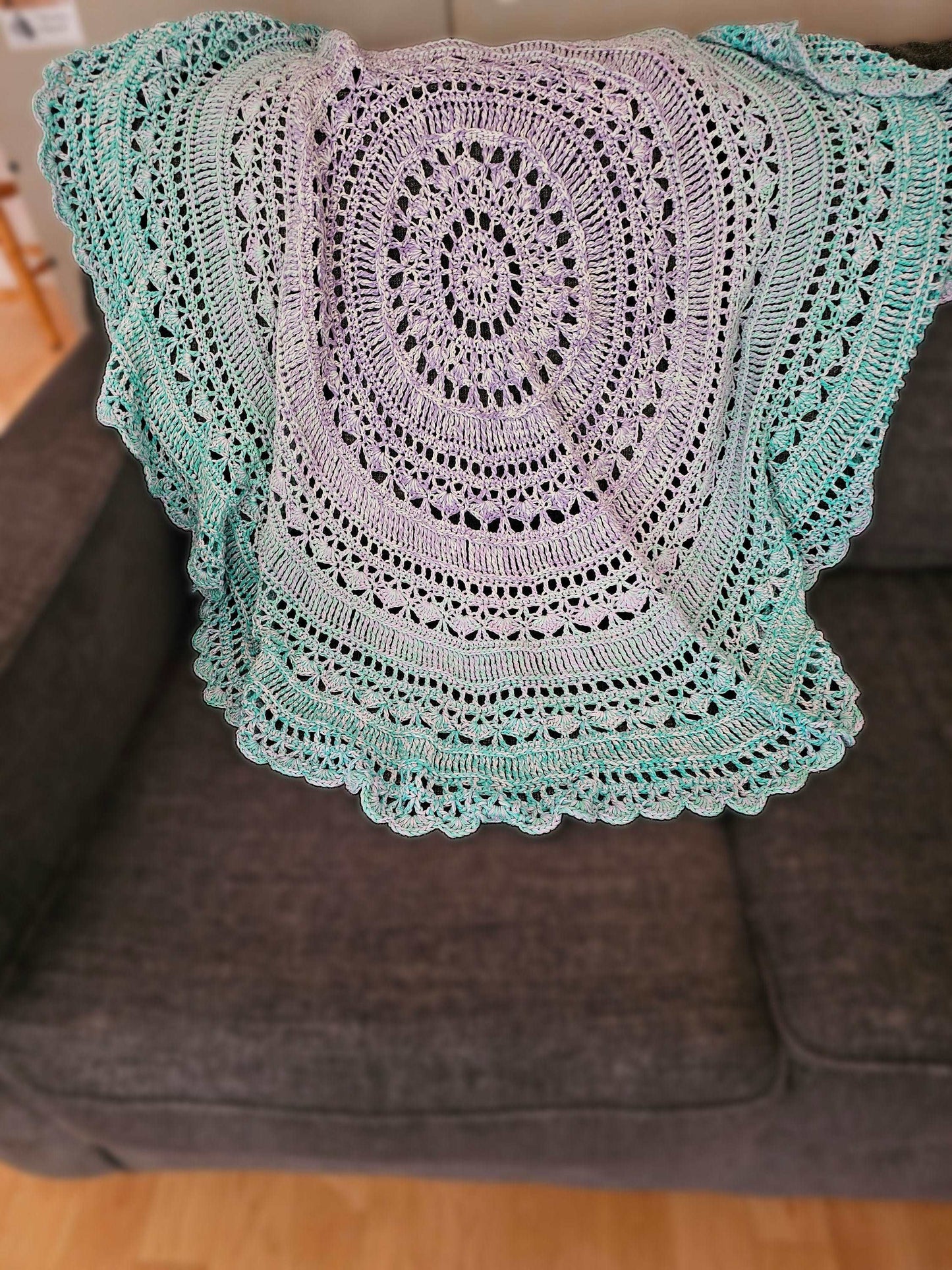 Wagon Wheel Rug. Cotton Afghan. Pastel decor. Crochet tablecloth. Versatile crochet decor. Round blanket. Circular rug. Pastel Pi Shawl.