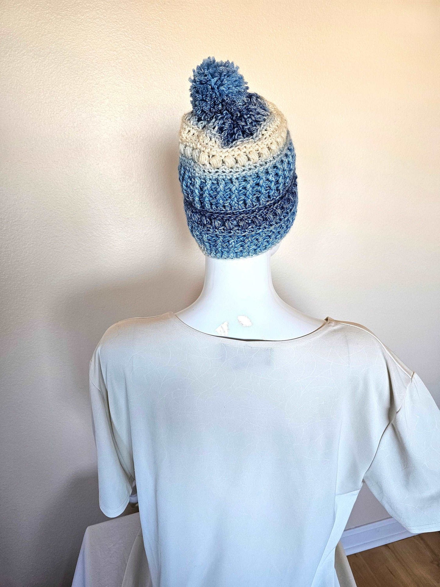 Frosty Winter Beanie. Crochet Winter Hat. Soft Textured Beanie. Unisex Beanie. Blue and White Hat. Pompom Beanie. Wool Blend Stocking Cap.