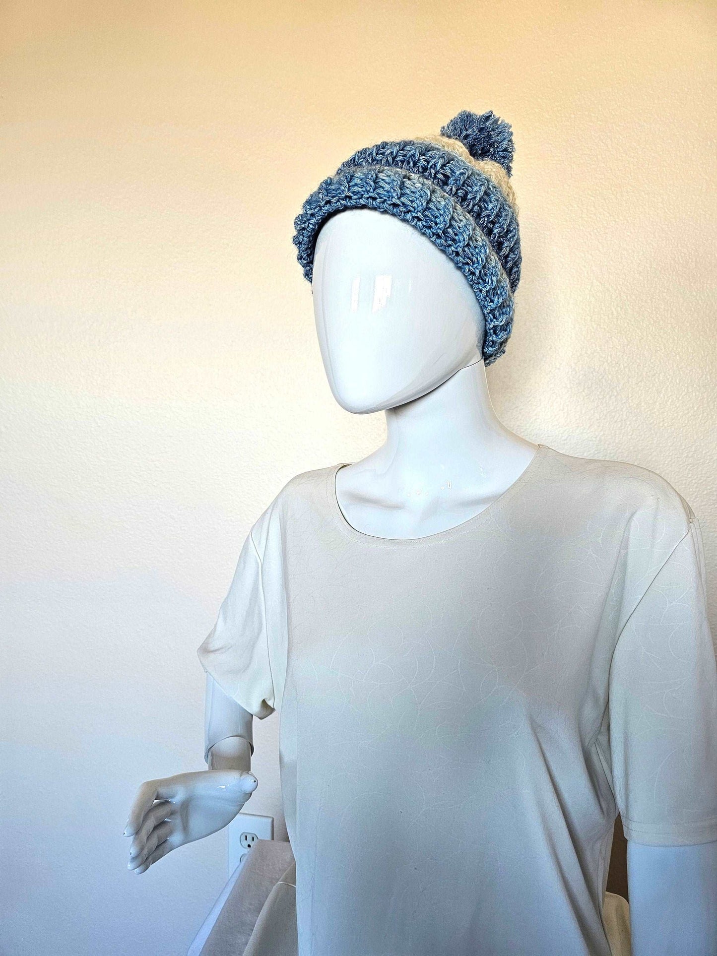 Frosty Winter Beanie. Crochet Winter Hat. Soft Textured Beanie. Unisex Beanie. Blue and White Hat. Pompom Beanie. Wool Blend Stocking Cap.