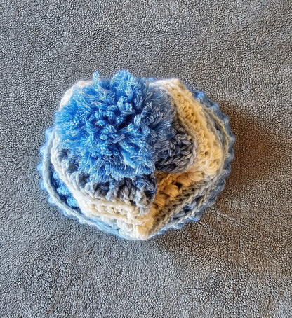 Frosty Winter Beanie. Crochet Winter Hat. Soft Textured Beanie. Unisex Beanie. Blue and White Hat. Pompom Beanie. Wool Blend Stocking Cap.