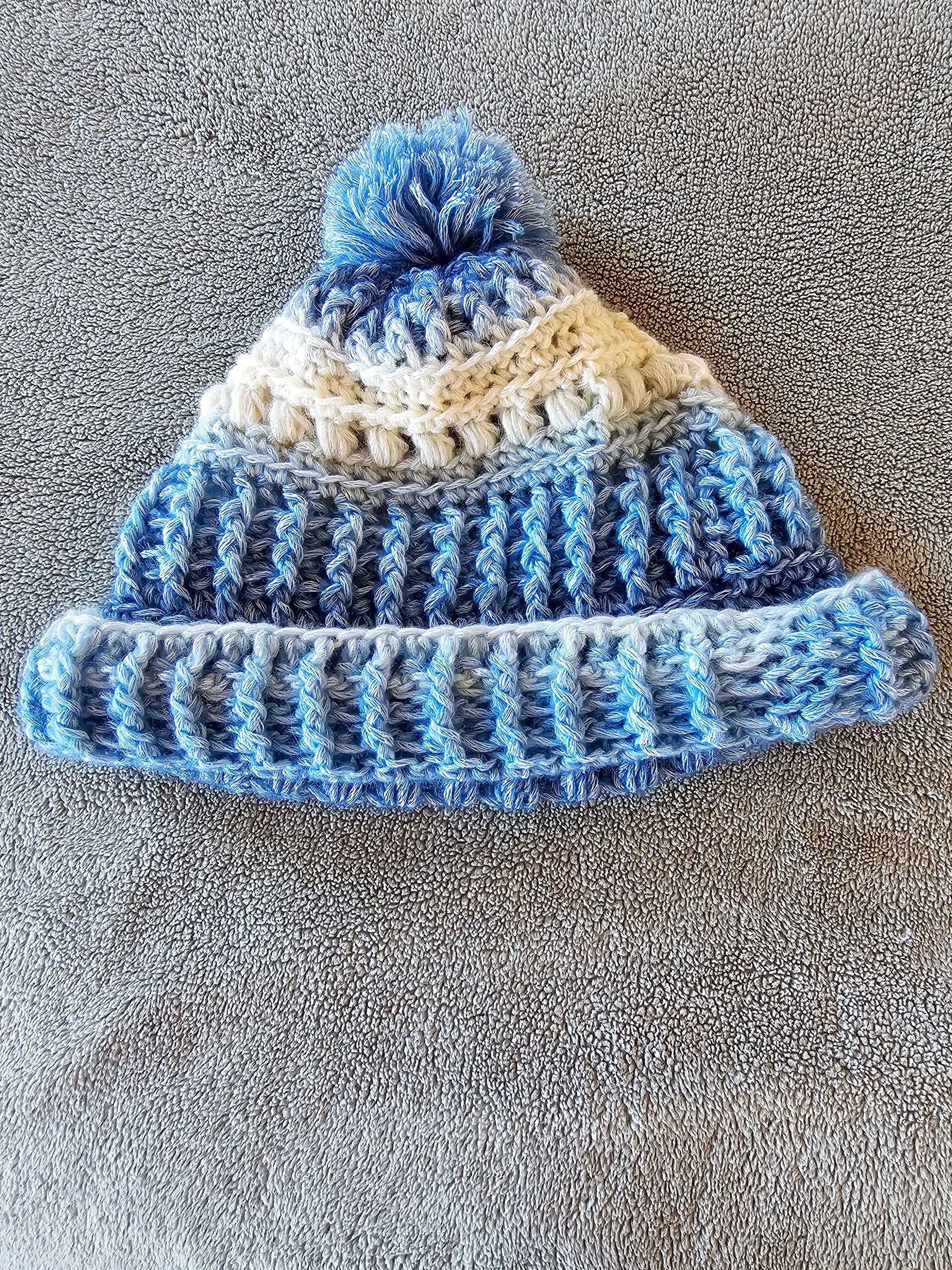 Frosty Winter Beanie. Crochet Winter Hat. Soft Textured Beanie. Unisex Beanie. Blue and White Hat. Pompom Beanie. Wool Blend Stocking Cap.